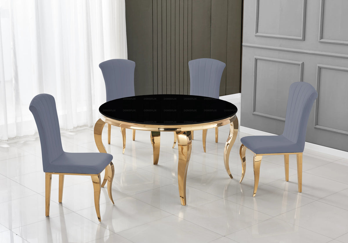 Table ronde verre noir et 4 chaises velours or | Halo