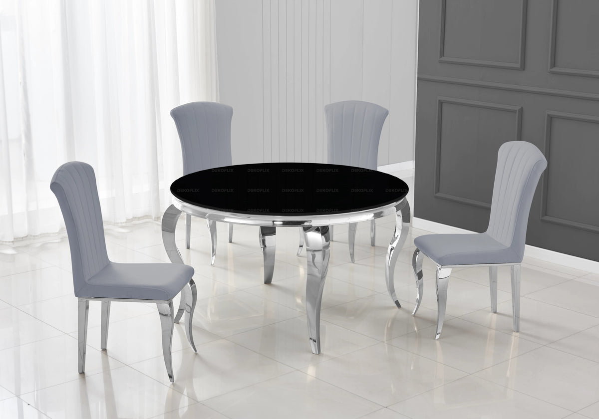 Ensemble table ronde verre noir et 4 chaises argent | Halo