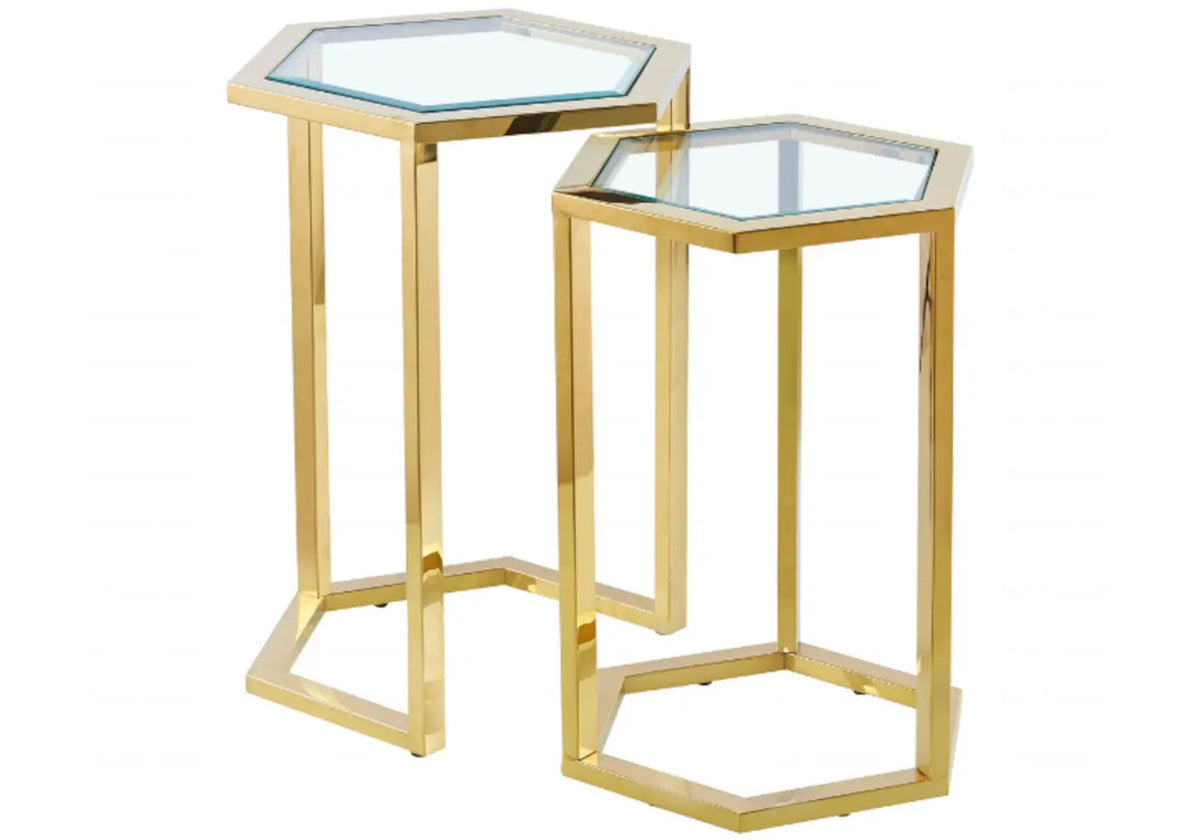 Tables d'appoint gigognes dorées verre trempé | Zelix