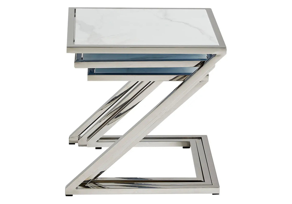 Tables gigognes en métal chromé et marbre blanc | Vexis