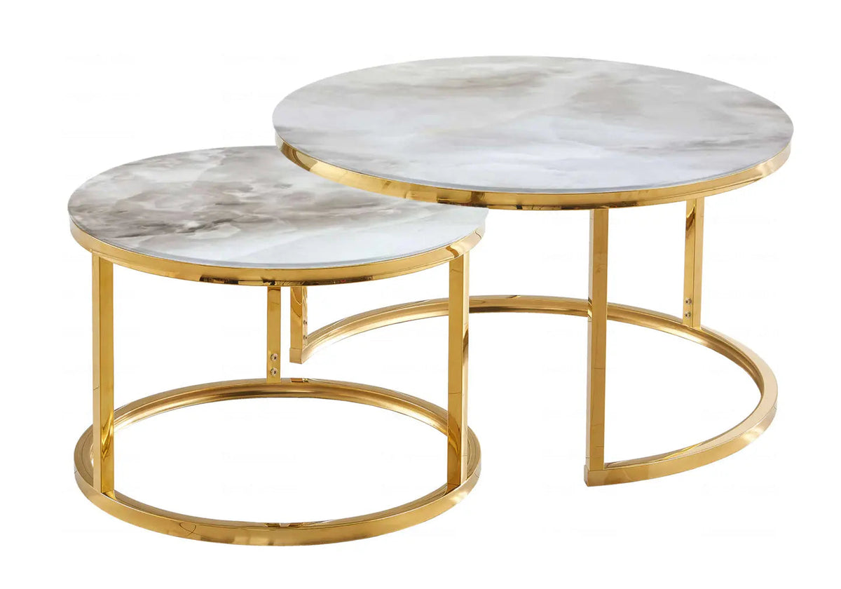 Tables gigognes dorées marbre beige pour salon | Opal