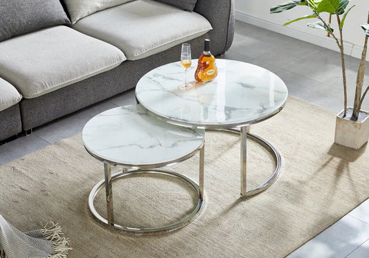Tables gigognes design effet marbre blanc et acier | Opal