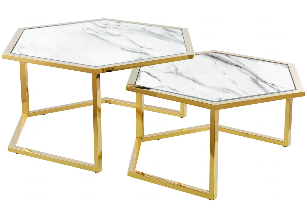 Tables gigognes effet marbre blanc et métal doré | Zelix