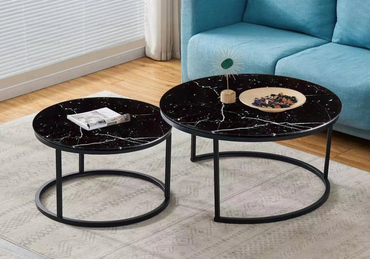 Tables gigognes rondes noires effet marbre noir | Opal