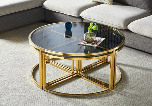 Tables gigognes rondes verre noir et métal doré | Xelo
