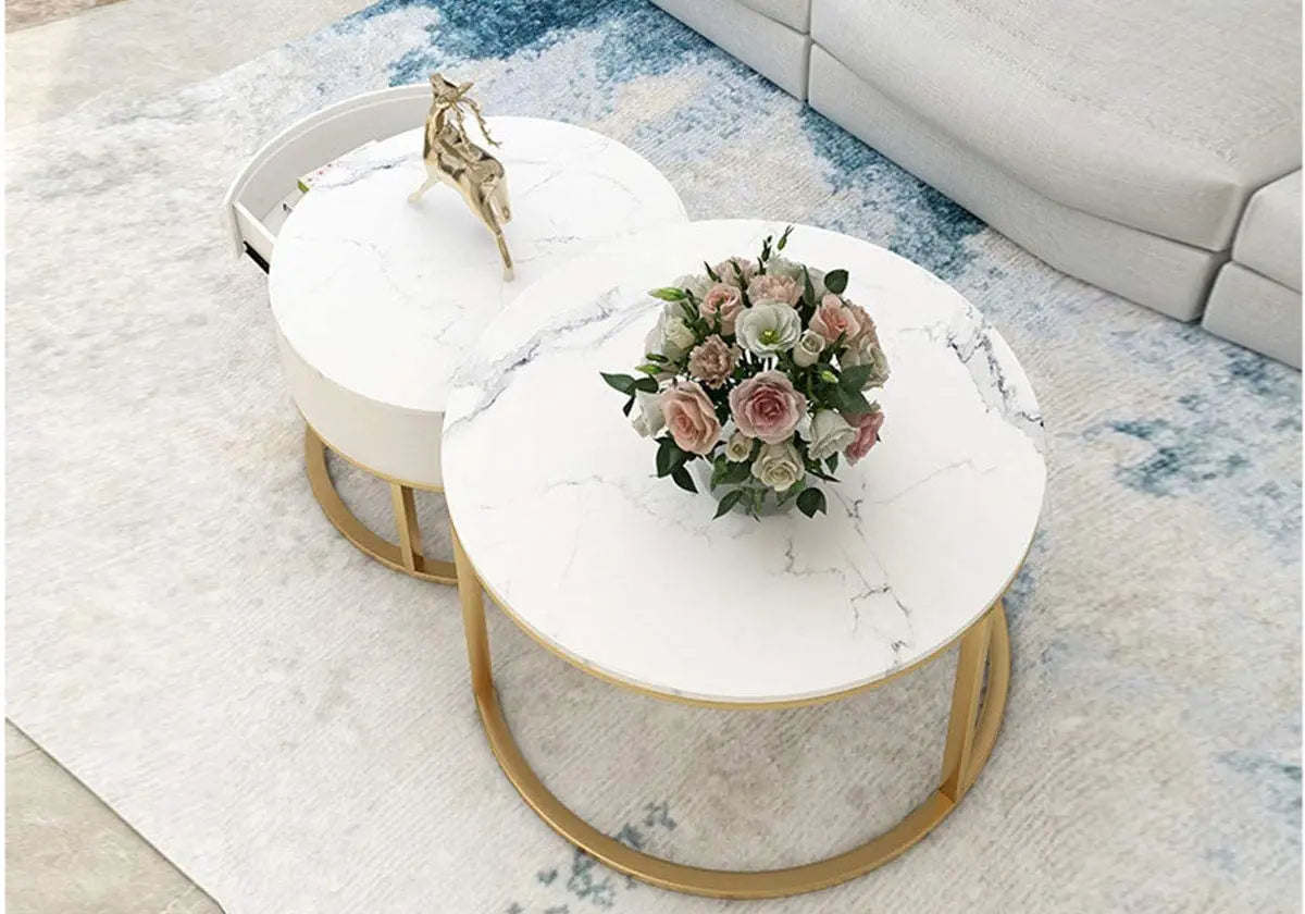 Tables gigognes rondes marbre blanc et dorées | Opal