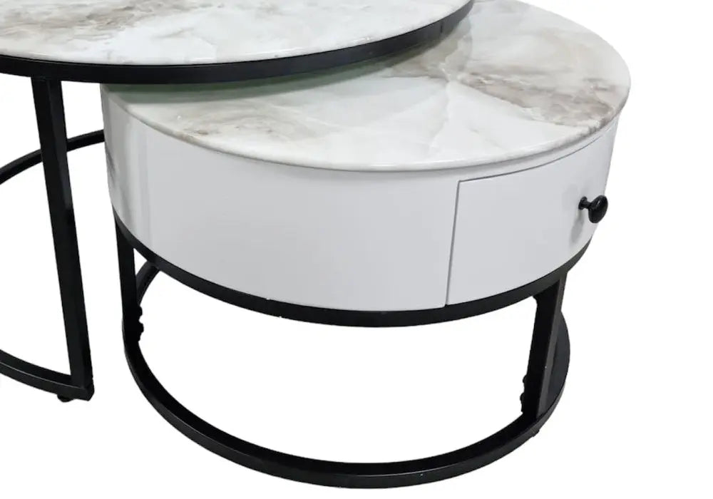 Tables rondes gigognes noires et marbre beige | Opal