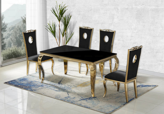 Ensemble table verre noir et 4 chaises dorées | Halo
