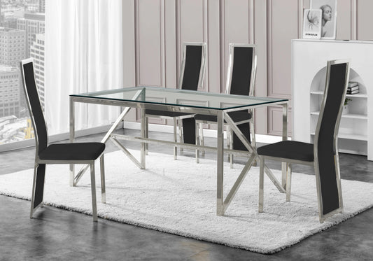 Table à manger argentée verre et acier chromé | Kiro