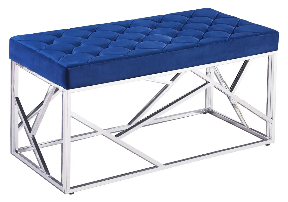 Banc design capitonné en bleu et chromé | Zenvia