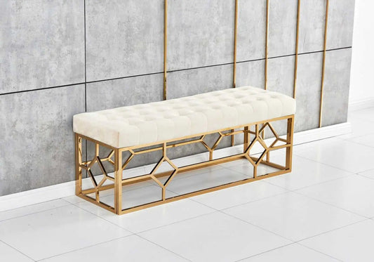 Banc capitonné en beige et métal doré | Novia