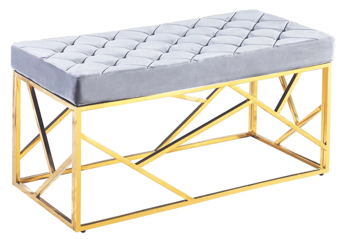 Banc capitonné en gris et métal doré | Zenvia