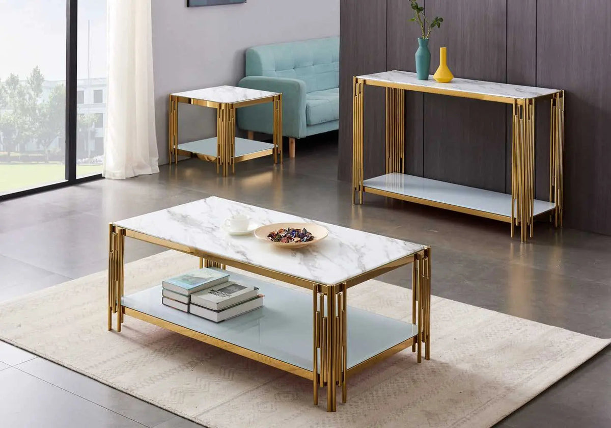 Bout de canapé verre effet marbre blanc et doré | Zalys