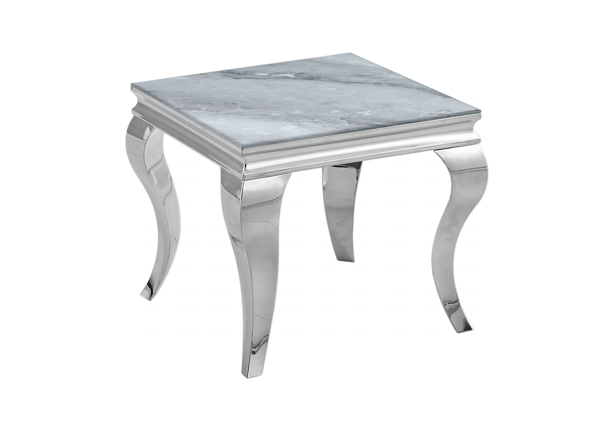 Bout de canapé design marbre gris et inox chromé | Halo