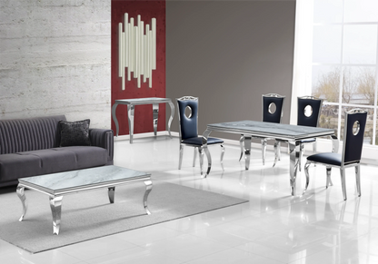 Bout de canapé design marbre gris et inox chromé | Halo