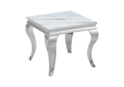 Bout de canapé design marbre blanc et argent | Halo