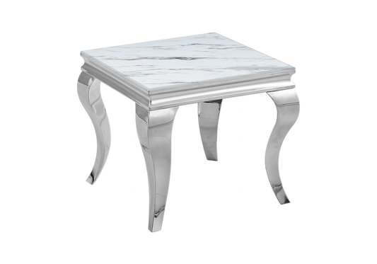 Bout de canapé design marbre blanc et argent | Halo