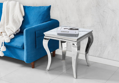 Bout de canapé design marbre blanc et argent | Halo