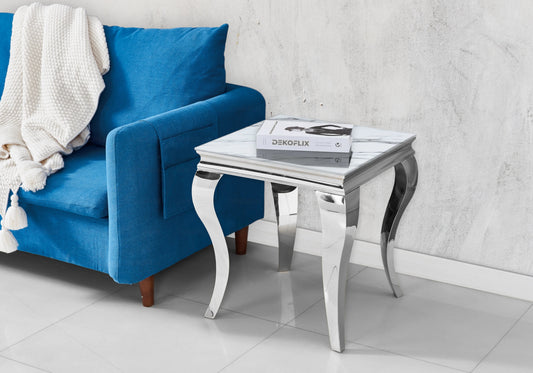 Bout de canapé design marbre blanc et argent | Halo