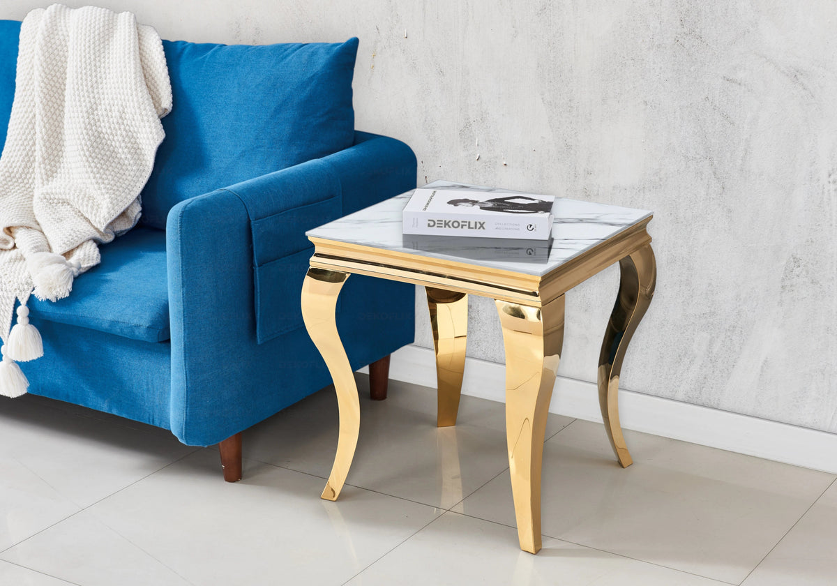 Bout de canapé design effet marbre blanc et doré | Halo