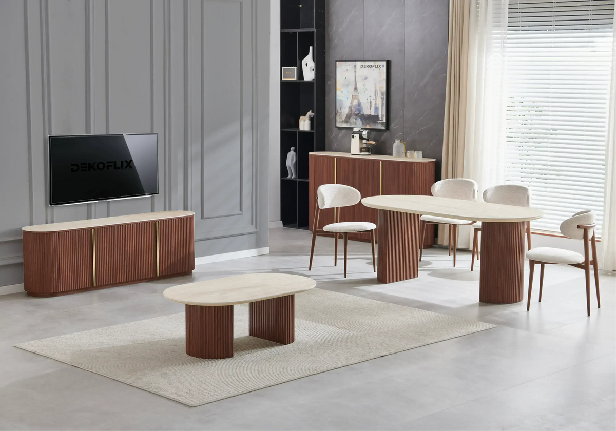 Ensemble table ovale travertin et chaises noyer | Zylo