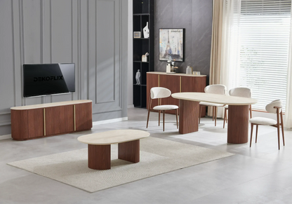 Ensemble table ovale travertin et chaises noyer | Zylo
