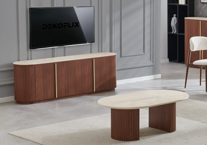 Table basse ovale travertin et noyer cannelé | Zylo