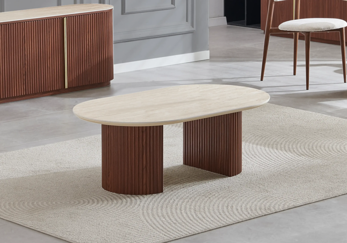 Table basse ovale travertin et noyer cannelé | Zylo