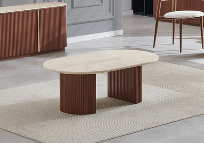 Table basse ovale travertin et noyer cannelé | Zylo