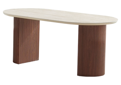 Table à manger ovale en céramique travertin et noyer | Zylo
