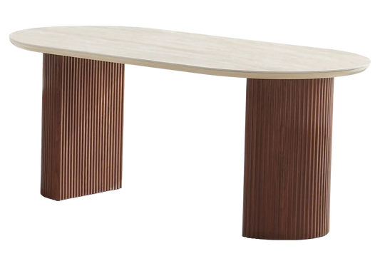 Table à manger ovale en céramique travertin et noyer | Zylo