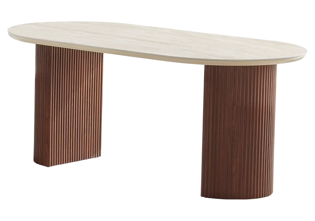 Ensemble table ovale travertin et chaises noyer | Zylo