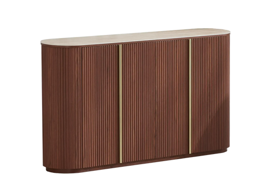 Buffet design ovale travertin et noyer cannelé | Zylo