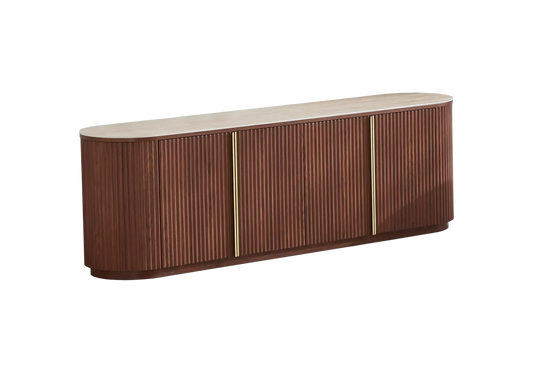 Meuble tv design ovale travertin et noyer cannelé | Zylo