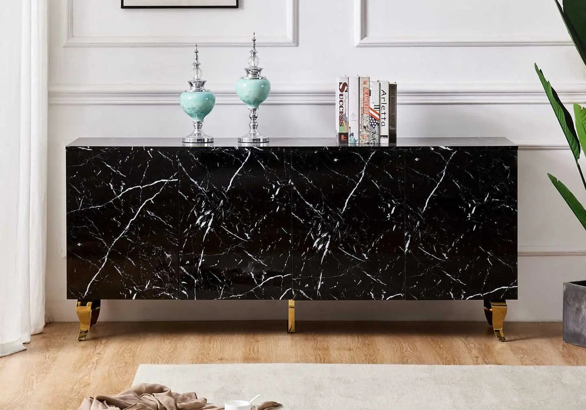 Buffet de salon design marbre noir laqué et doré | Zurik