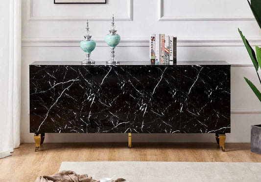 Buffet de salon design marbre noir laqué et doré | Zurik