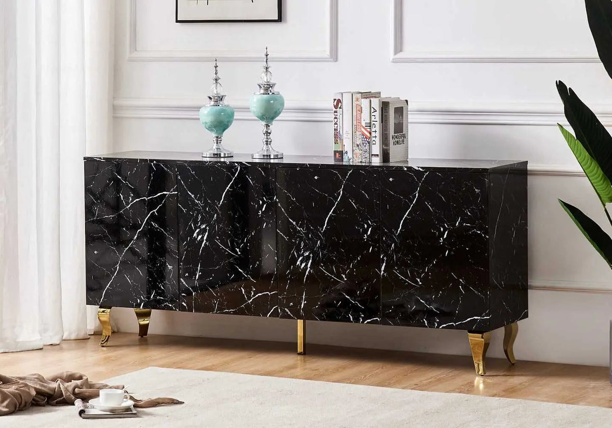 Buffet de salon design marbre noir laqué et doré | Zurik