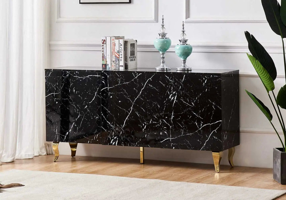 Buffet de salon design marbre noir laqué et doré | Zurik