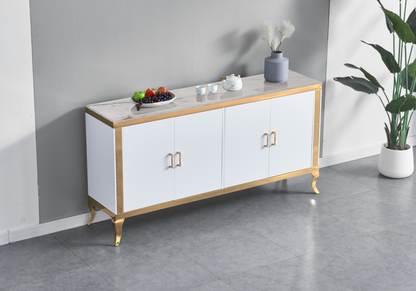 Buffet 4 portes effet marbre beige et acier doré | Halo