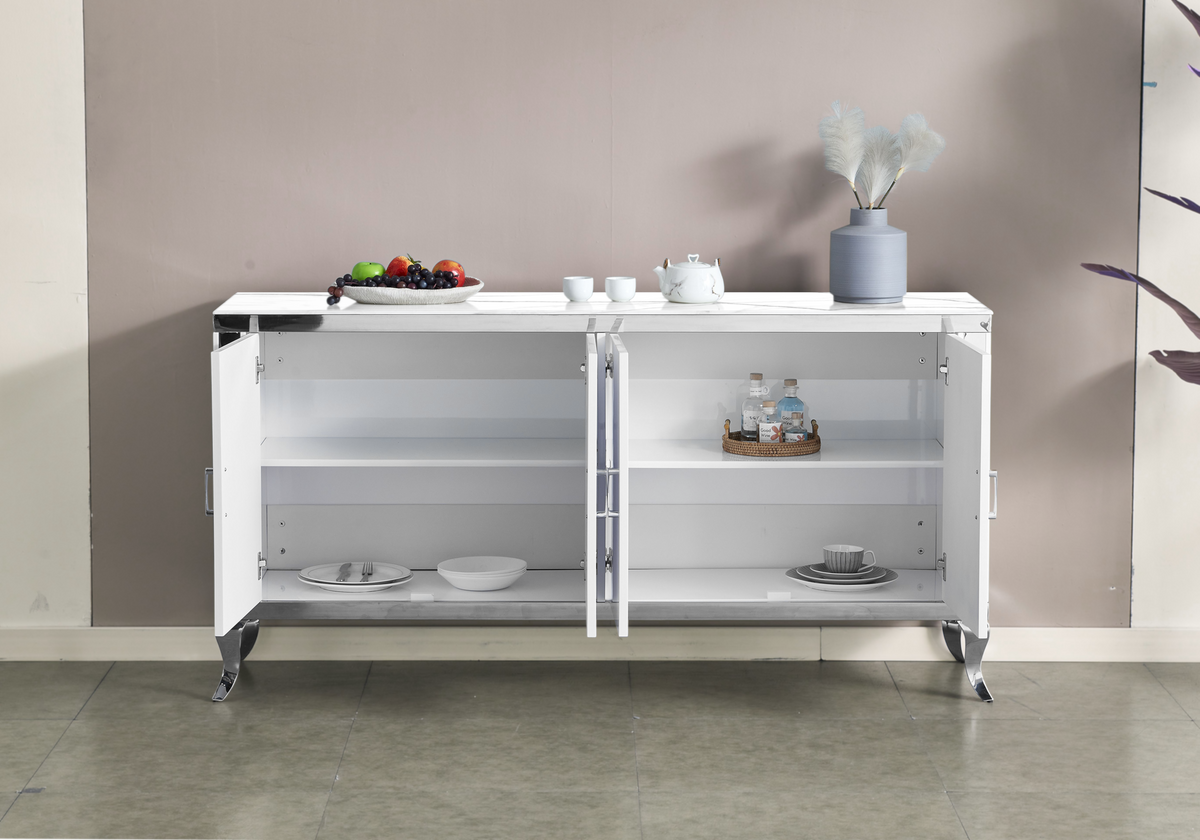 Buffet 4 portes marbre blanc et acier argent | Halo