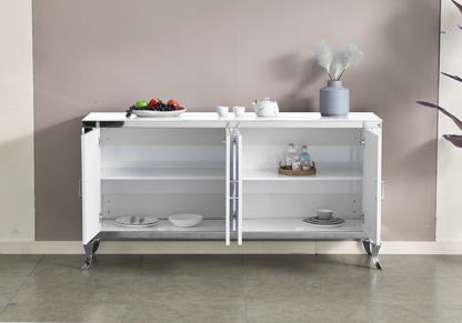 Buffet 4 portes marbre blanc et acier argent | Halo