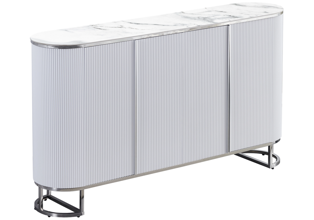 Buffet ovale cannelé 4 portes marbre blanc chromé | Luma