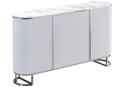 Buffet ovale cannelé 4 portes marbre blanc chromé | Luma