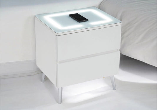 Table de chevet led avec chargeur blanc et argent | Vexis