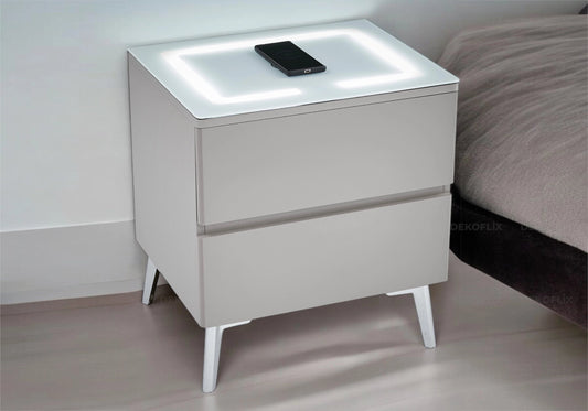Table de chevet gris argent avec led et chargeur | Vexis