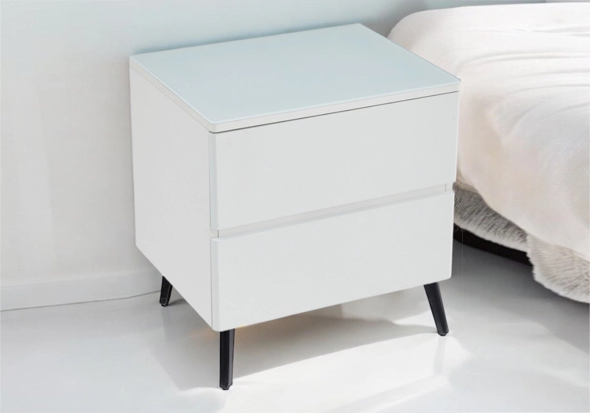 Table de chevet bois mat blanc avec pieds noirs | Vexis