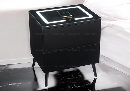 Table de chevet led noire 2 tiroirs avec chargeur | Vexis