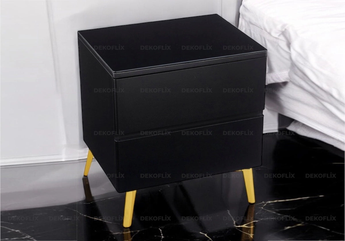 Table de chevet bois mat noir et pieds dorés | Vexis