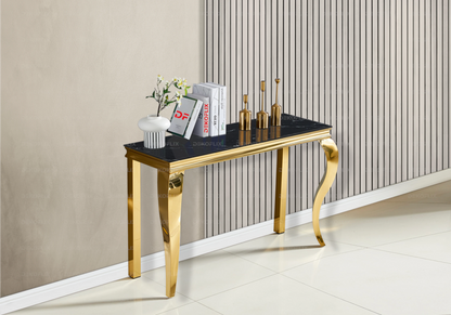 Console d'entrée design marbre noir et acier or | Halo