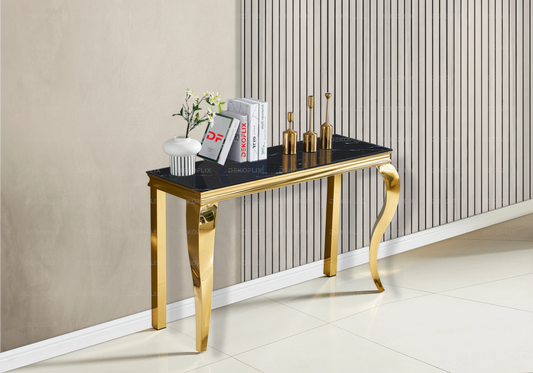 Console d'entrée design marbre noir et acier or | Halo